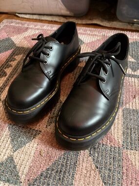 Dr. Martens Unisex Black Platform Lace-Up Oxfords with Yellow Stitching